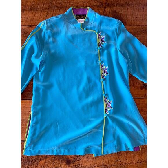 Womens‎ Bob Mackie Blue Silk 3/4 Sleeve Button Down 100% Silk Blouse Size M - Picture 1 of 7